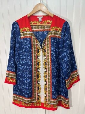 Cache Satin Baroque Print Tunic Blouse Chain Detail Blue Red Gold Size L Resort